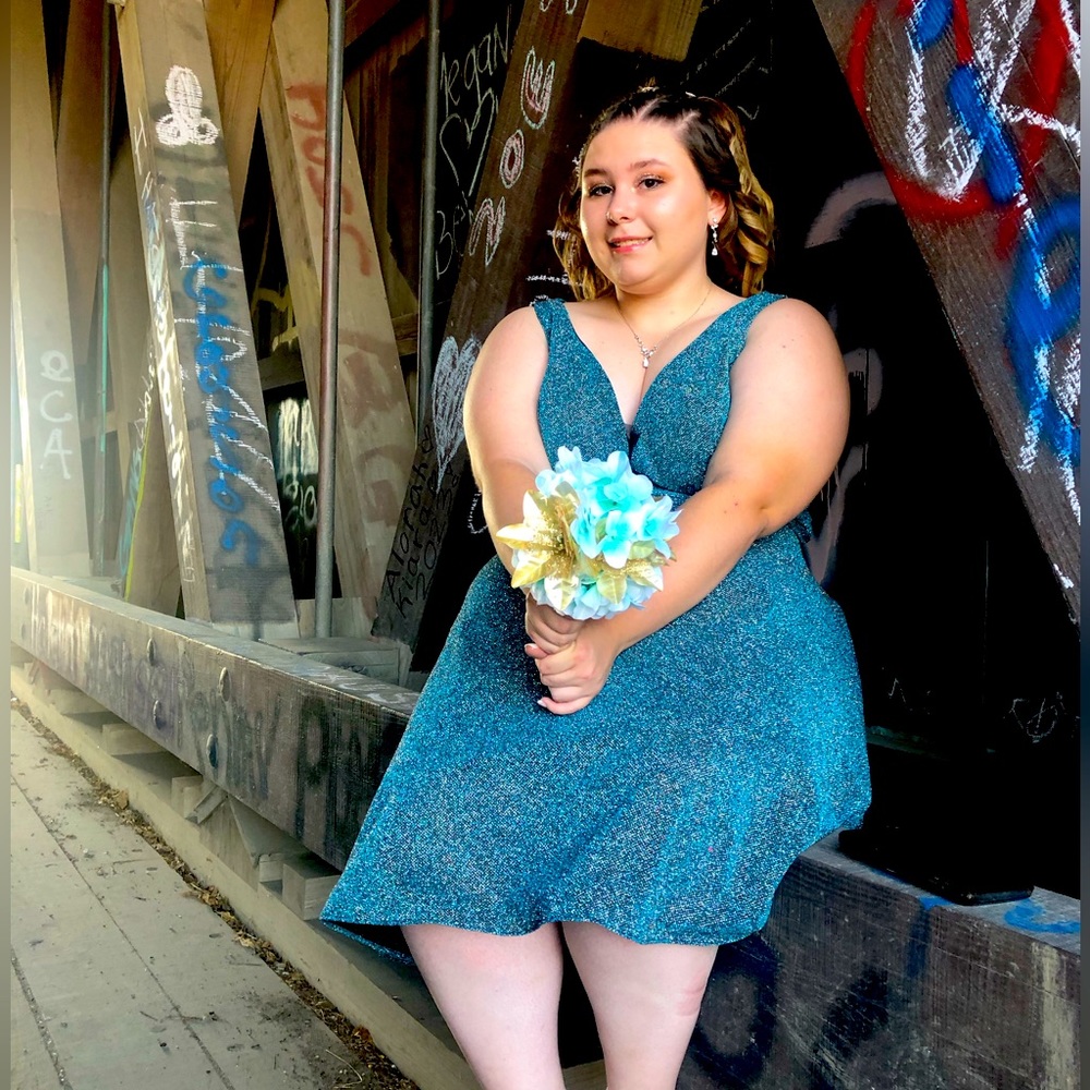 Beautiful Teal Glitter Homecoming Dress.